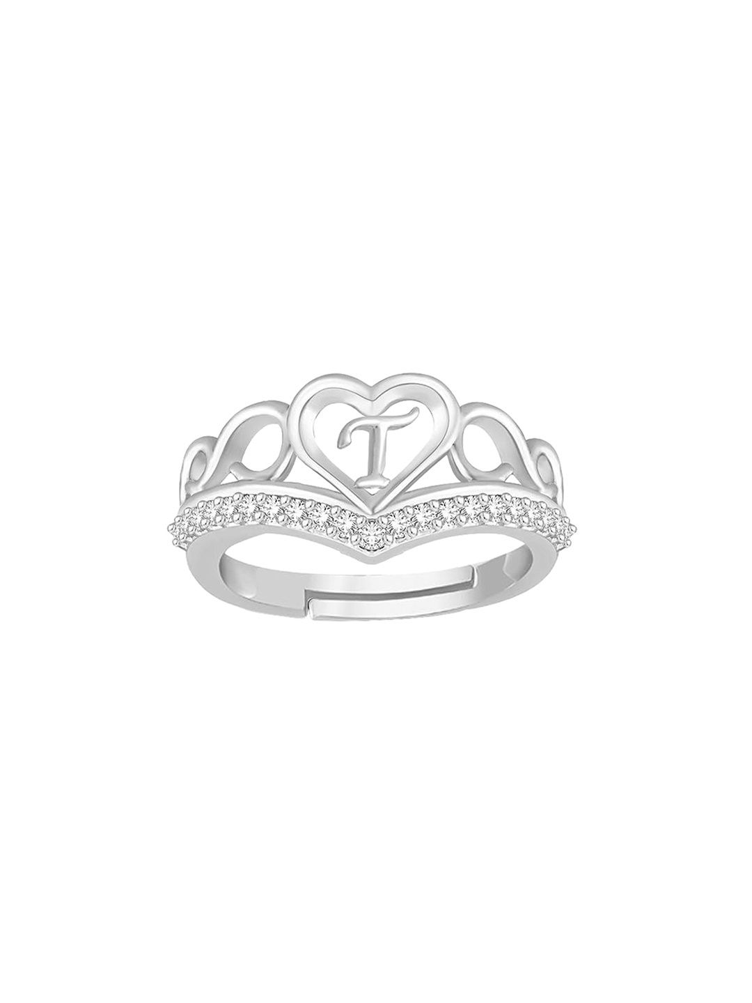 

Lila Silver Plated Cubic Zirconia Stone Studded Alphabet T Finger Ring