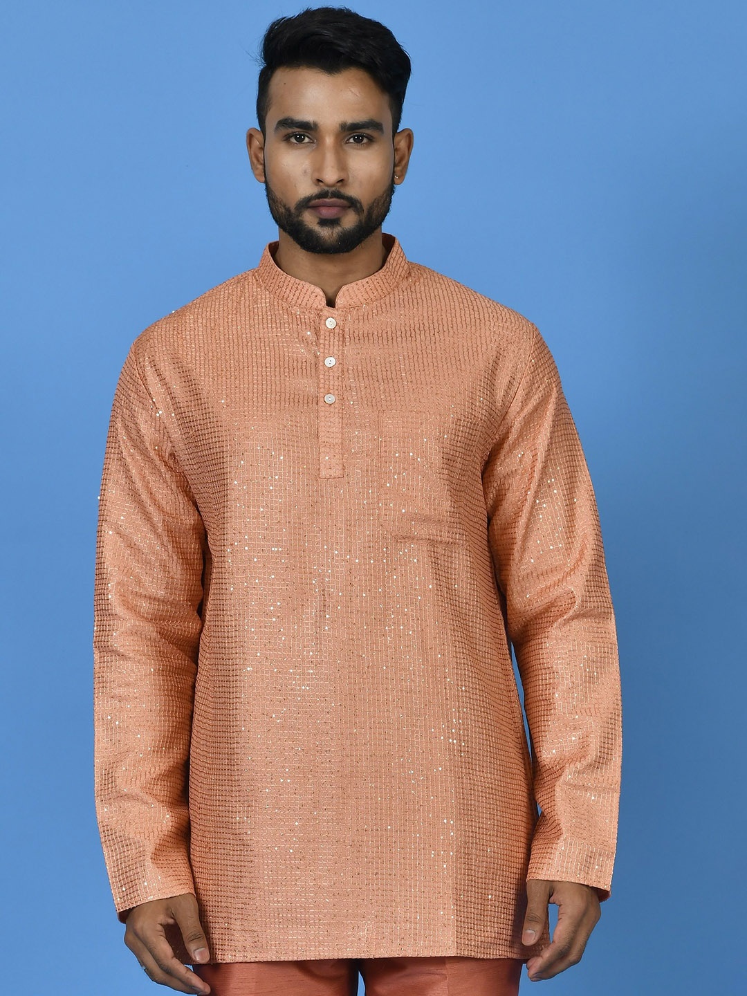 

Sayisha Embellished Mandarin Collar Sequinned Cotton Silk Straight Kurta, Peach
