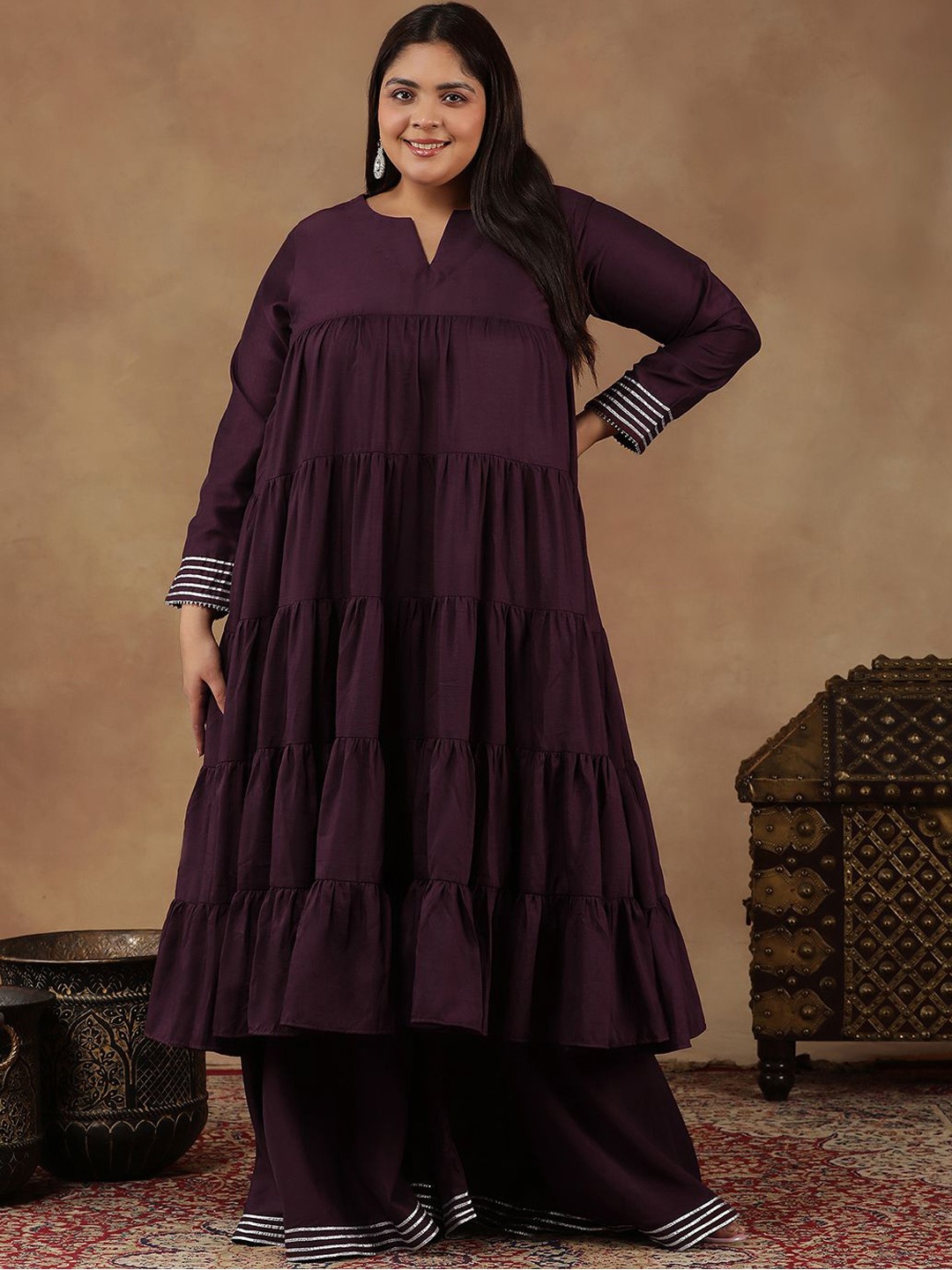 

INDDUS PLUS Plus Size Tiered Gotta Patti Kurta with Sharara, Purple