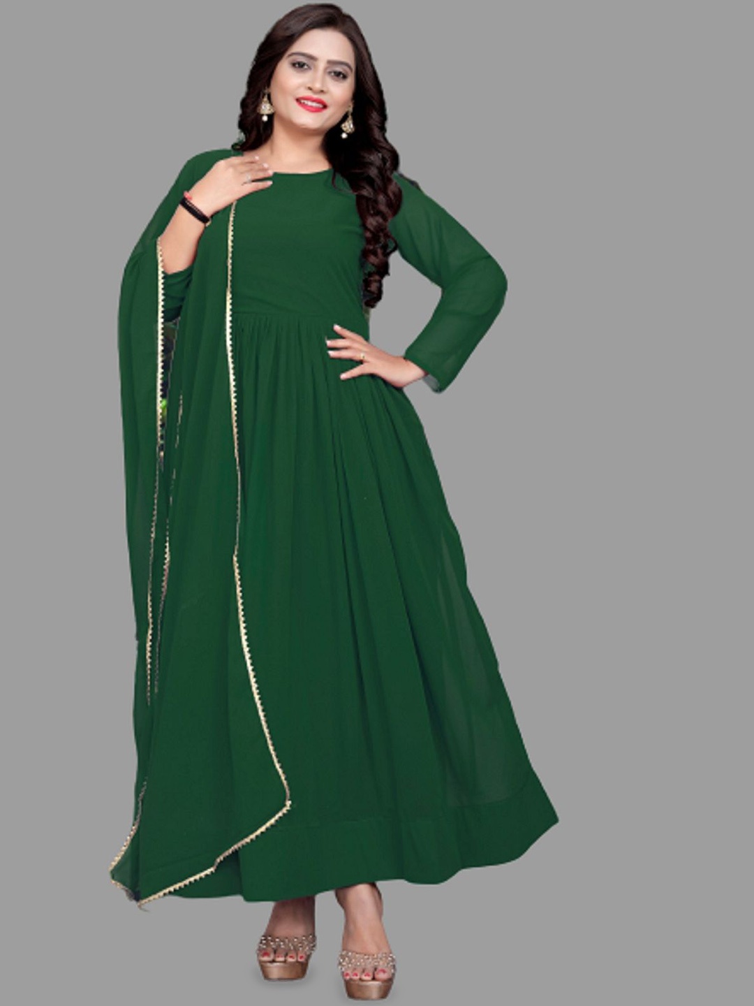 

APNISHA Georgette A-line Maxi Dress With Dupatta, Green