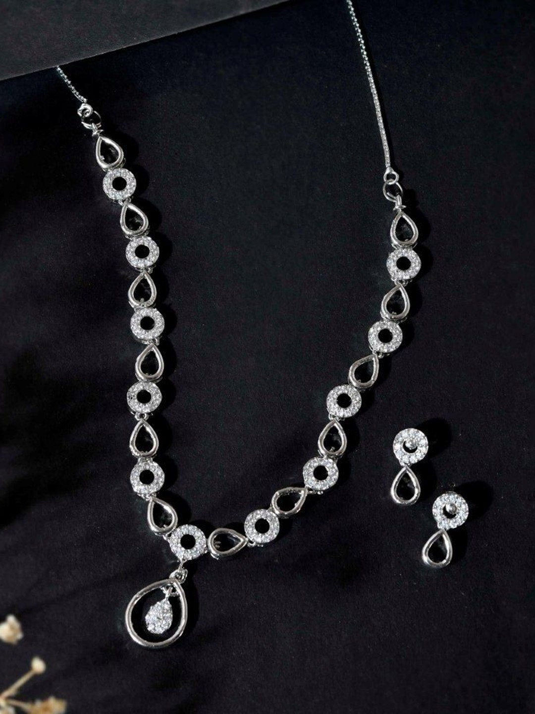 

VOJ Silver Plated American Diamond Studded & Beaded Jewellery Set