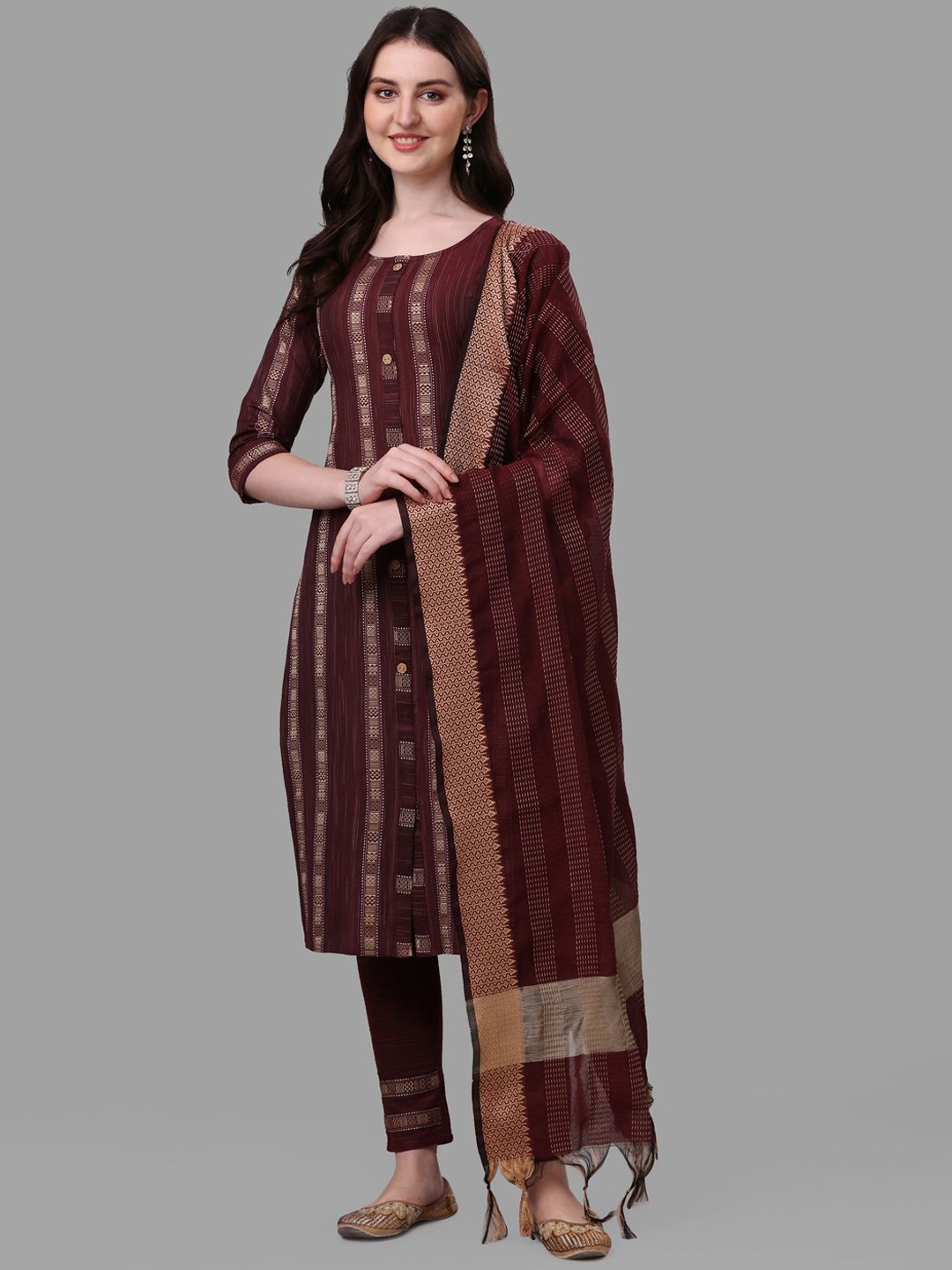 

Growdamy Women Striped Regular Pure Cotton Kurta with Trousers & With Dupatta, Maroon