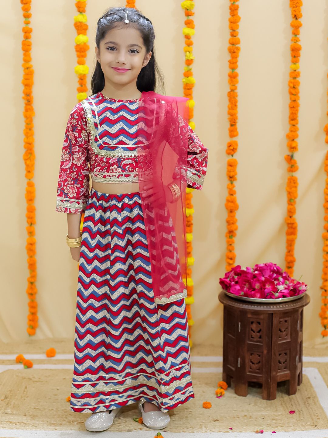 

JUNITOS Girls Chevron Printed Ready to Wear Cotton Lehenga & Blouse With Dupatta, Red
