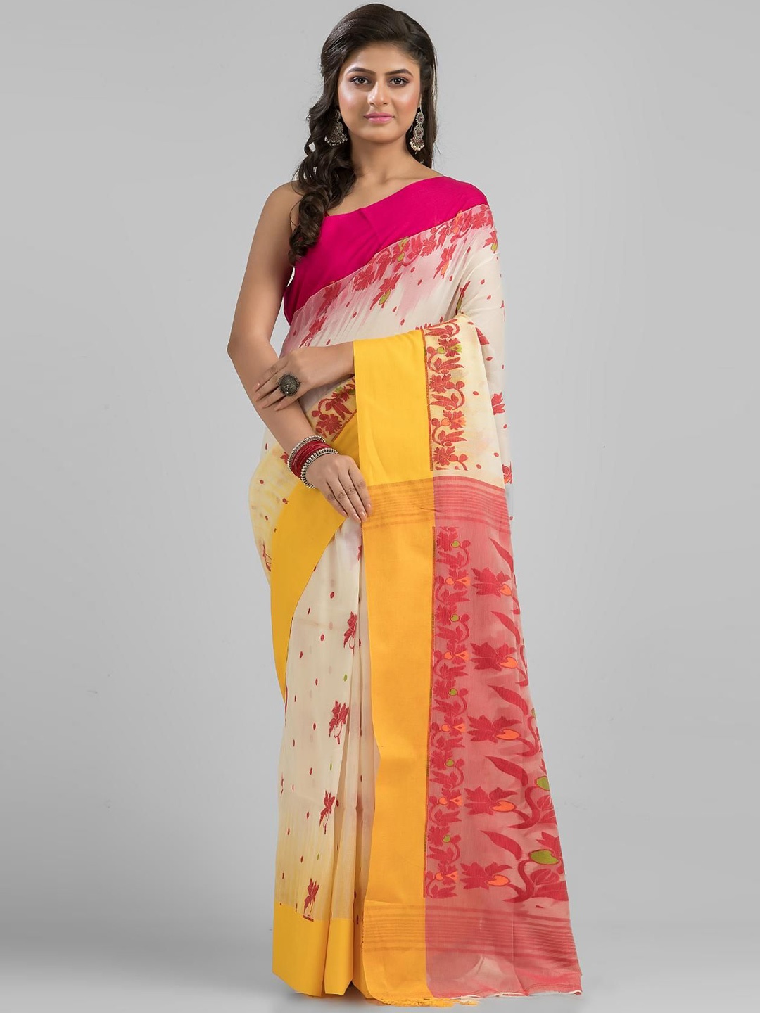 

SAJASAJO Woven Design Ethnic Motifs Pure Cotton Saree, Off white