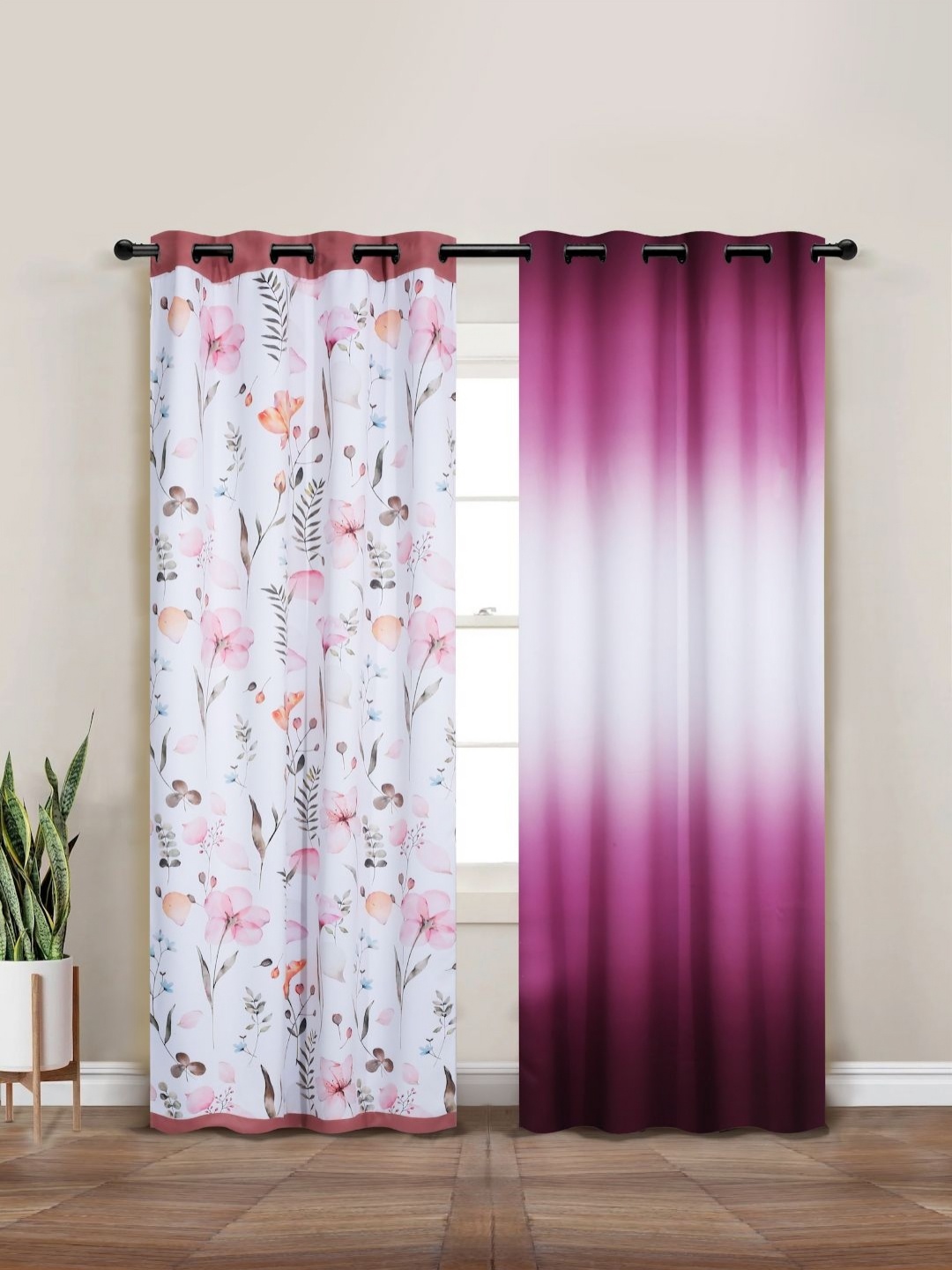 

Myntra Elegant Homes Violet & White Set of 2 Floral Black Out Long Door Curtain
