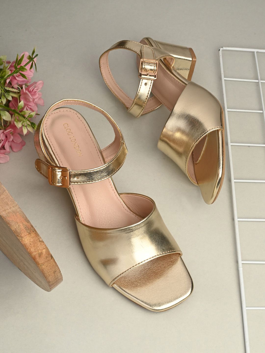 

CLOG LONDON Ankle Strap Block Mules, Gold