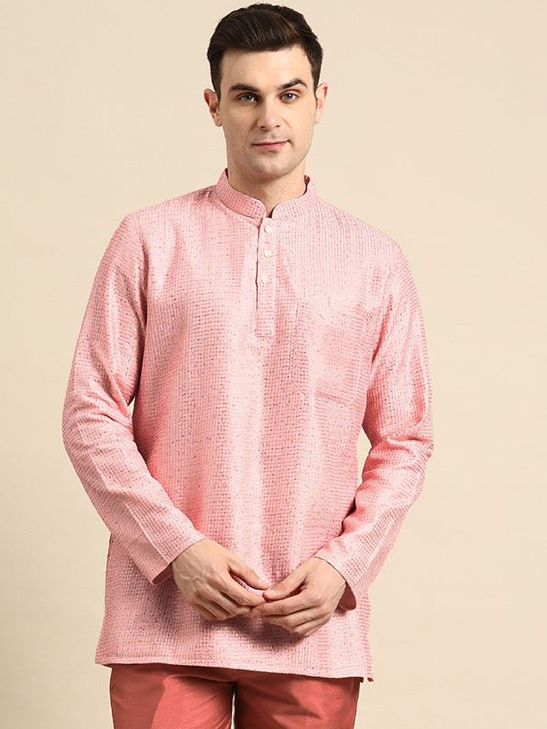 

Sayisha Sequin Embroidered Mandarin Collar Cotton Silk Short Kurta, Pink