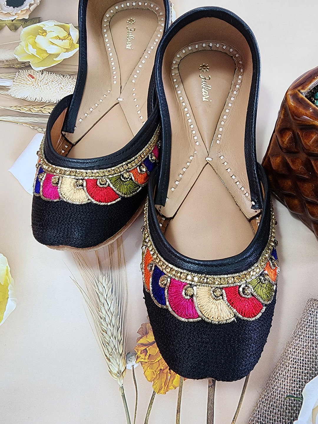 

Fulkari Women Ethnic Embroidered Mojaris Flats, Black
