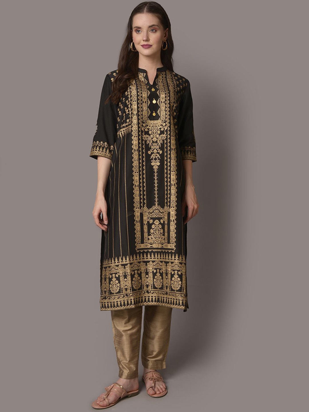 

Shree Ethnic Motifs Printed Mandarin Collar Straight Kurta, Black