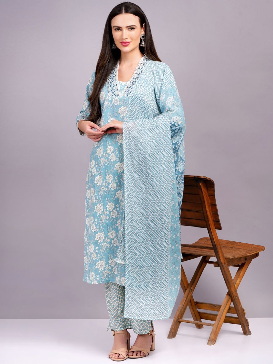 

KALINI Floral Printed Mirror Work Pure Cotton Straight Kurta With Trouser & Dupatta, Blue