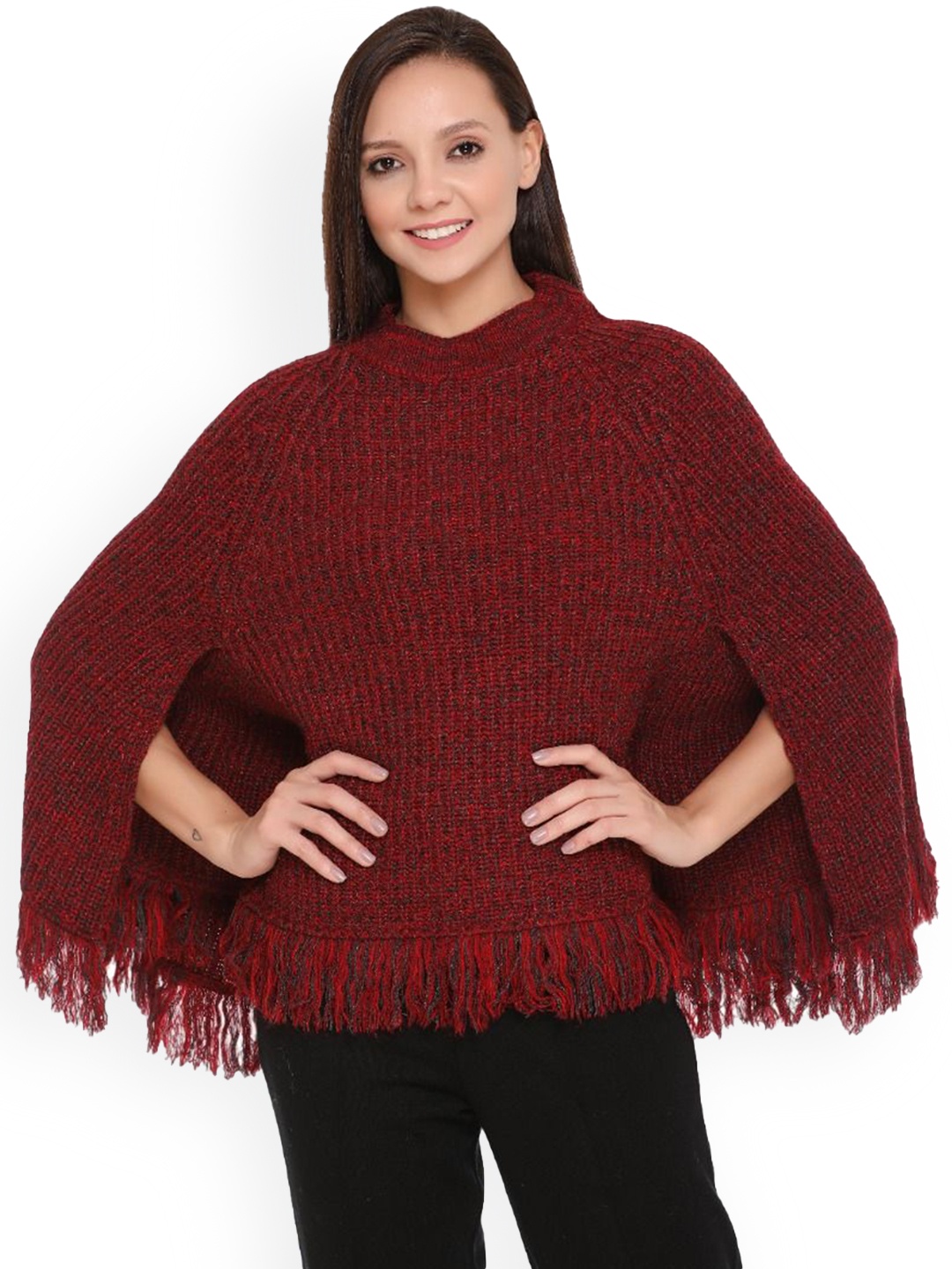 

TWENTY ME Women Woollen Lightweight Poncho Jacket, Maroon