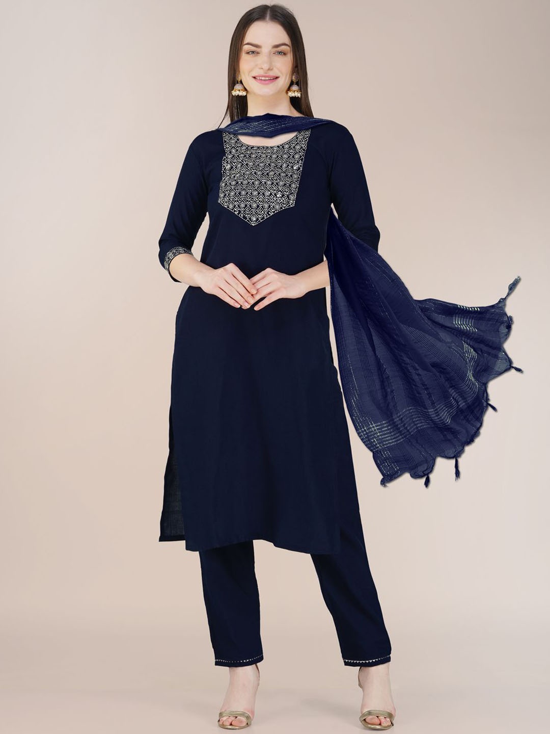 

WILNERCROWN Floral Yoke Design Regular Sequinned Kurta With Trousers & Dupatta, Navy blue