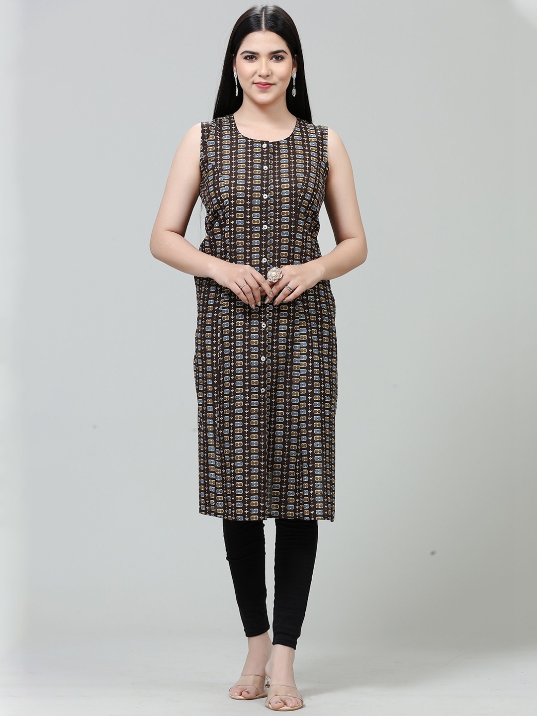 

COTTON CULTURE Geometric Printed Round Neck Sleeveless Cotton A-Line Kurta, Brown