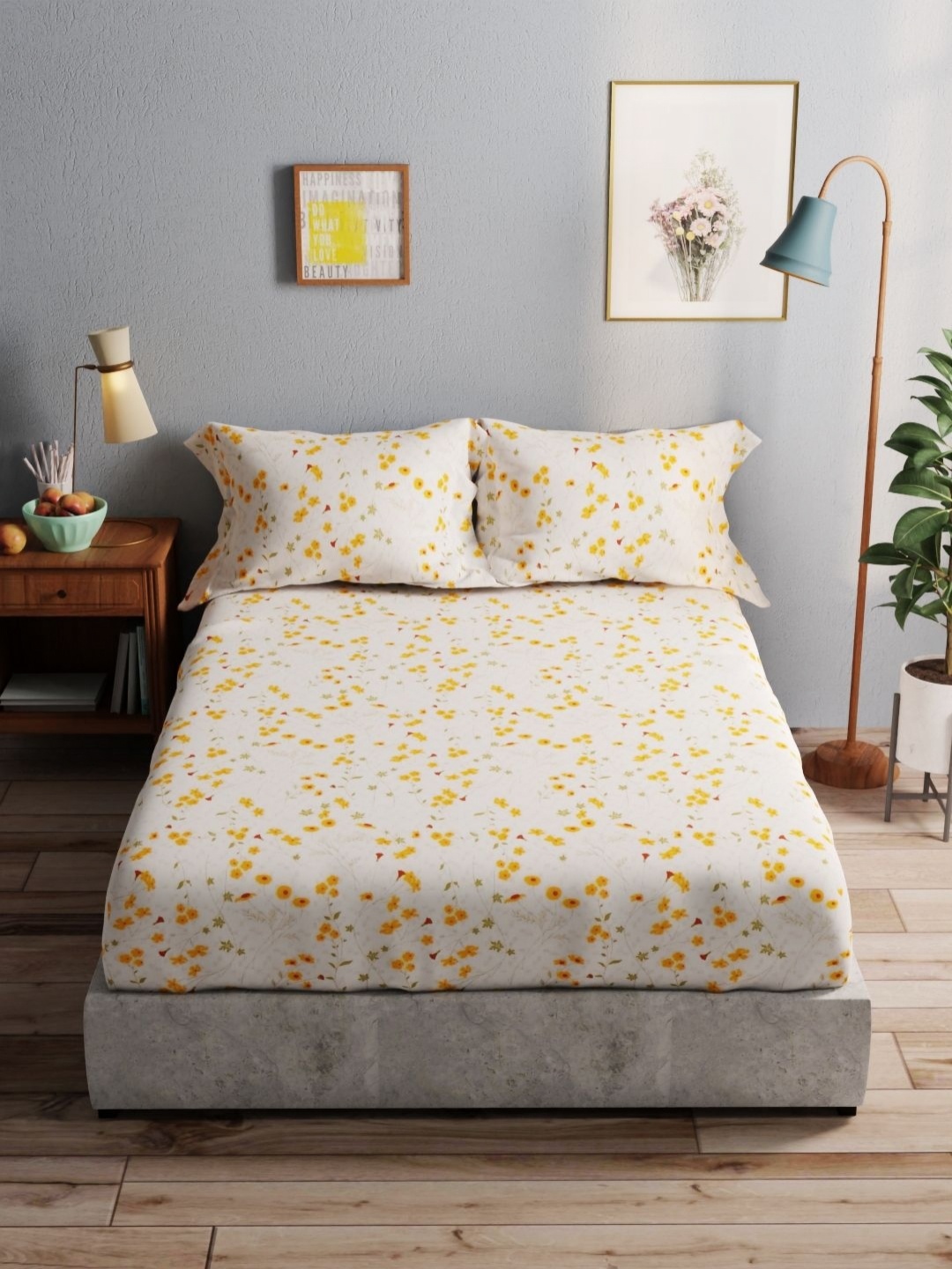 

BIANCA Amolina Off White & Yellow Floral 140 TC Queen Bedsheet with 2 Pillow Covers