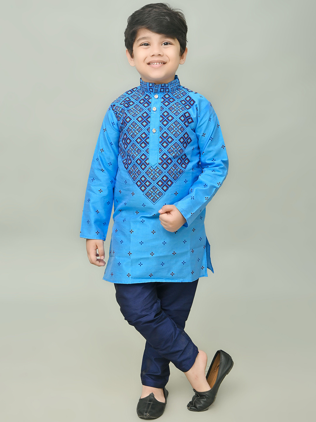 

NFC CREATION Boys Geometric Printed Dupion Silk Straight Kurta With Pyjamas, Blue