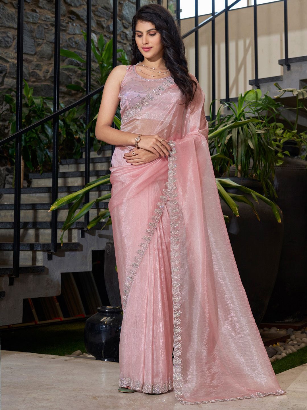 

Anouk Embellished Beads and Stones Organza Saree, Pink