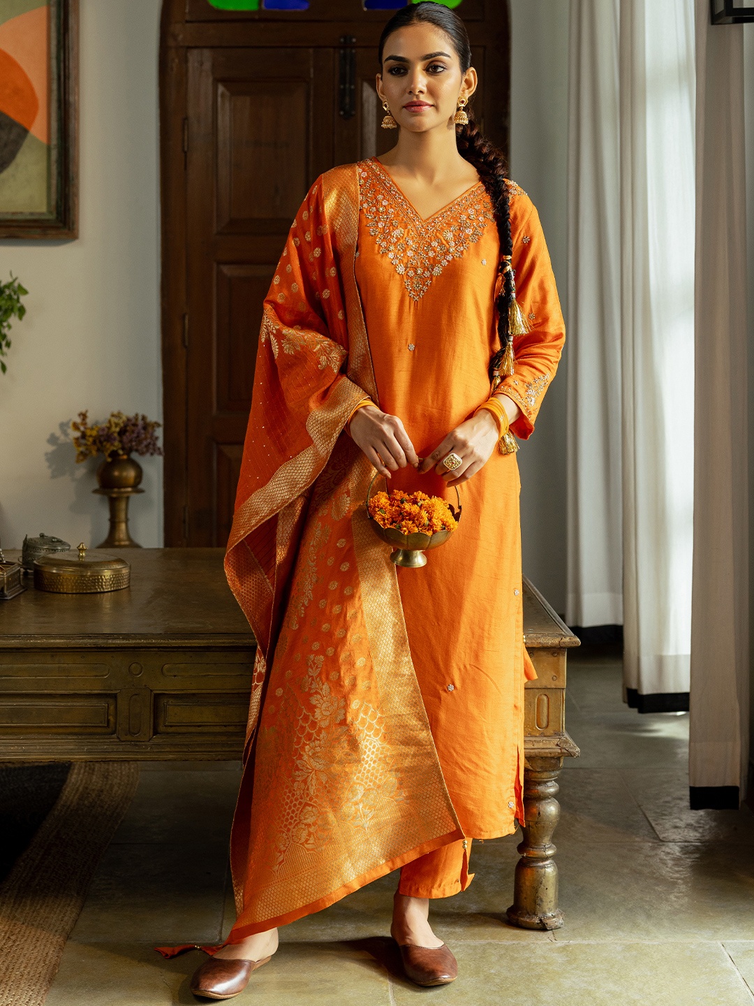 

FASHOR Women Floral Embroidered Regular Kurta with Trousers & With Dupatta, Orange