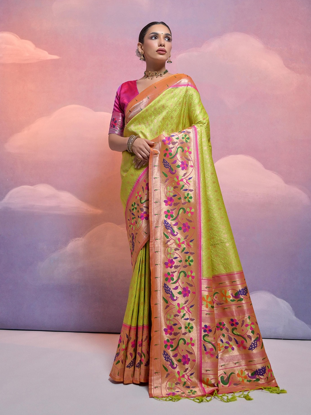 

LeeliPeeri Designer Floral print woven design Paithani Saree with blouse piece, Olive