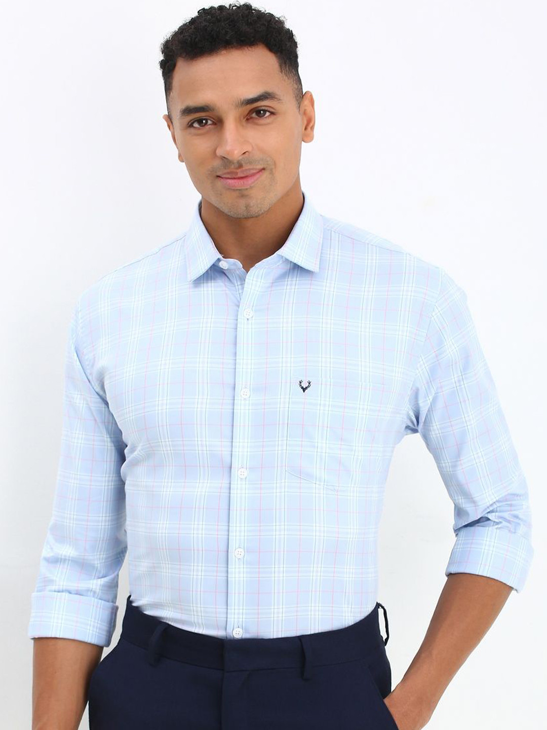 

Allen Solly Men Spread Collar Tartan Checked Cotton Slim Fit Formal Shirt, Blue