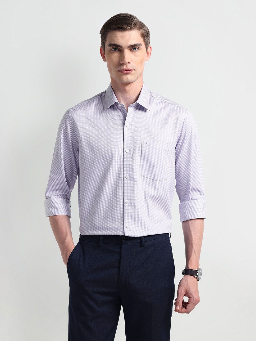 

Arrow Men Modern Spread Collar Micro Checked Cotton Slim Fit Formal Shirt, Purple