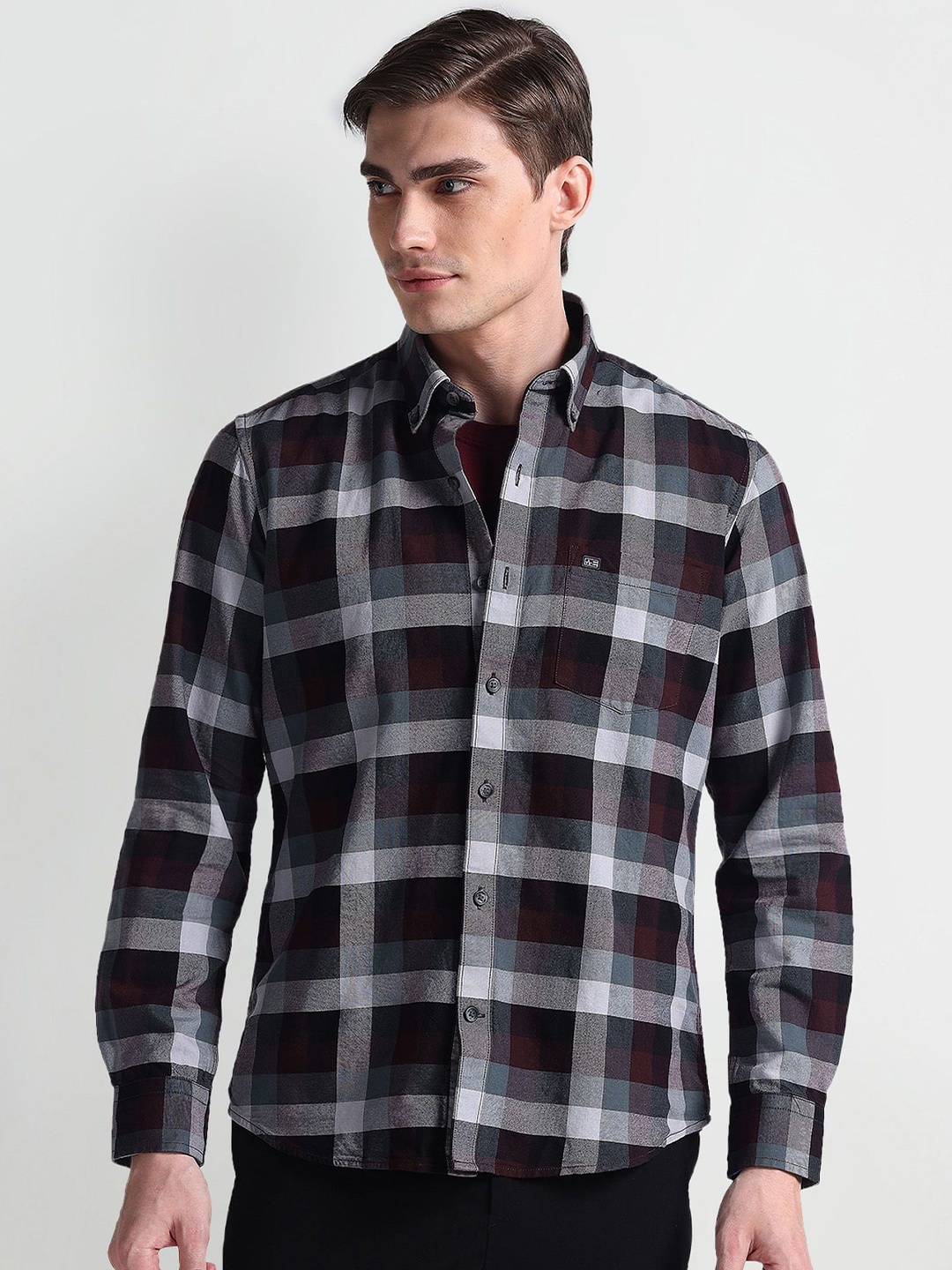 

Arrow Sport Men Smart Button-Down Collar Tartan Checked Cotton Slim Fit Casual Shirt, Maroon