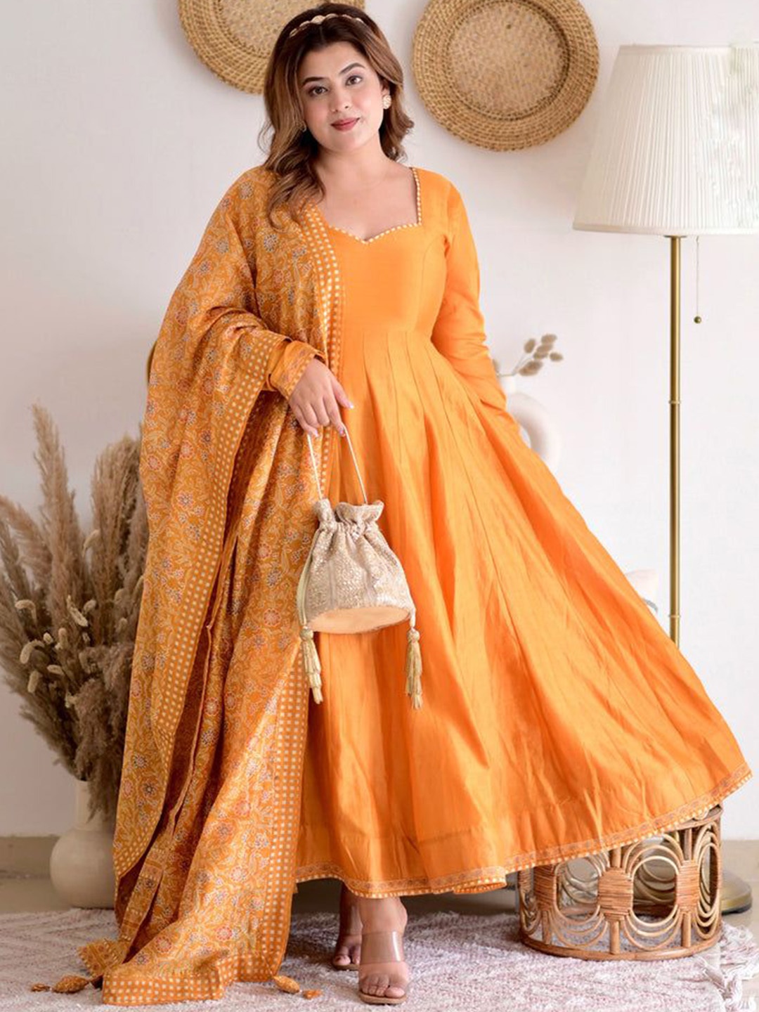 

KALINI Sweetheart Neck Chanderi Cotton Anarkali Kurta With Palazzos & Dupatta, Orange