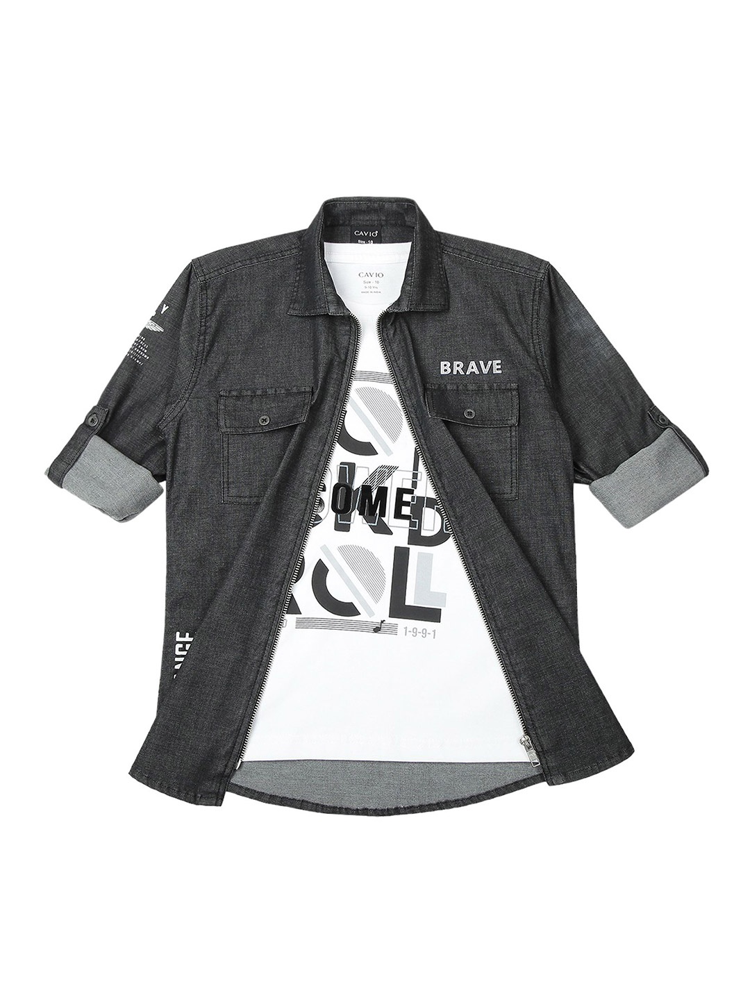 

Cavio Boys Spread Collar Graphic Printed Cotton Casual Shirt & T-Shirt, Black