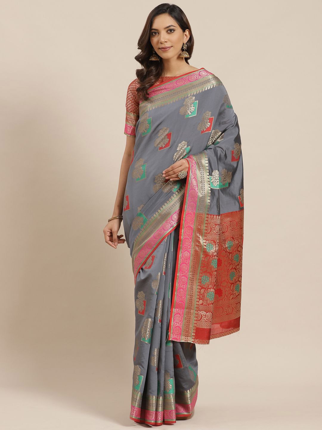 

KIMISHA Woven Design Zari Silk Blend Banarasi Saree, Grey