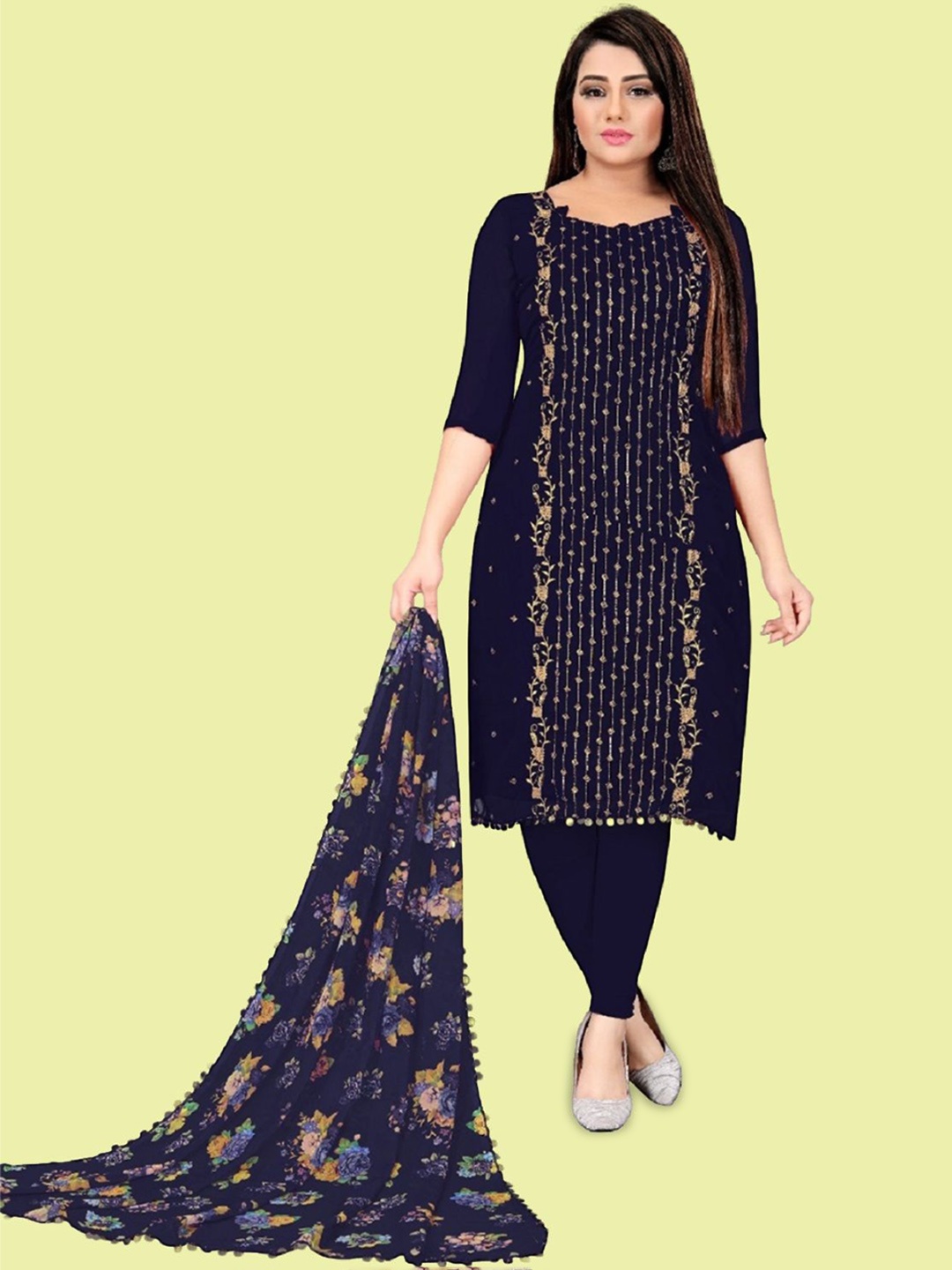 

APNISHA Floral Embroidered Thread Work Silk Georgette Unstitched Dress Material, Navy blue