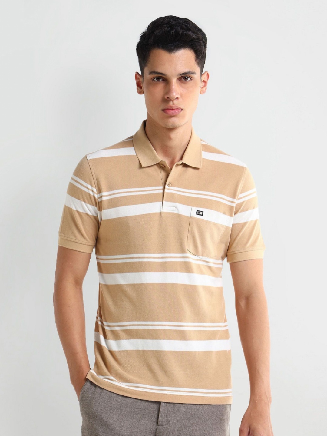 

Arrow Men Striped Knits Polo Collar Cotton T-shirt, Beige