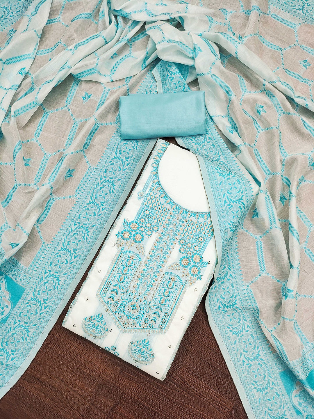 

KALINI Woven Design Zari Unstitched Dress Material, Blue
