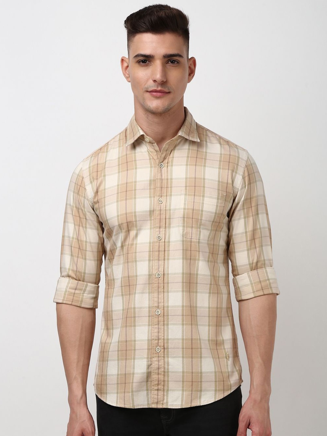 

Peter England Casuals Men Spread Collar Tartan Checked Cotton Slim Fit Casual Shirt, Beige