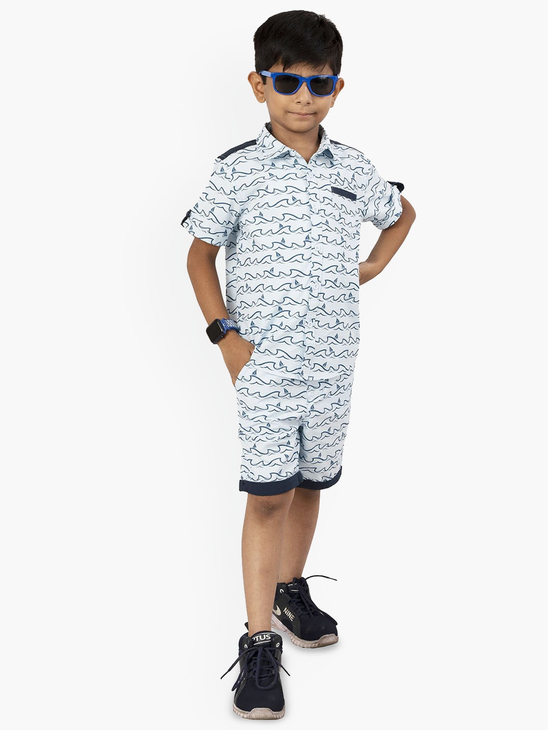 

YOUMAA Boys Printed Pure Cotton Shirt With Shorts, Blue