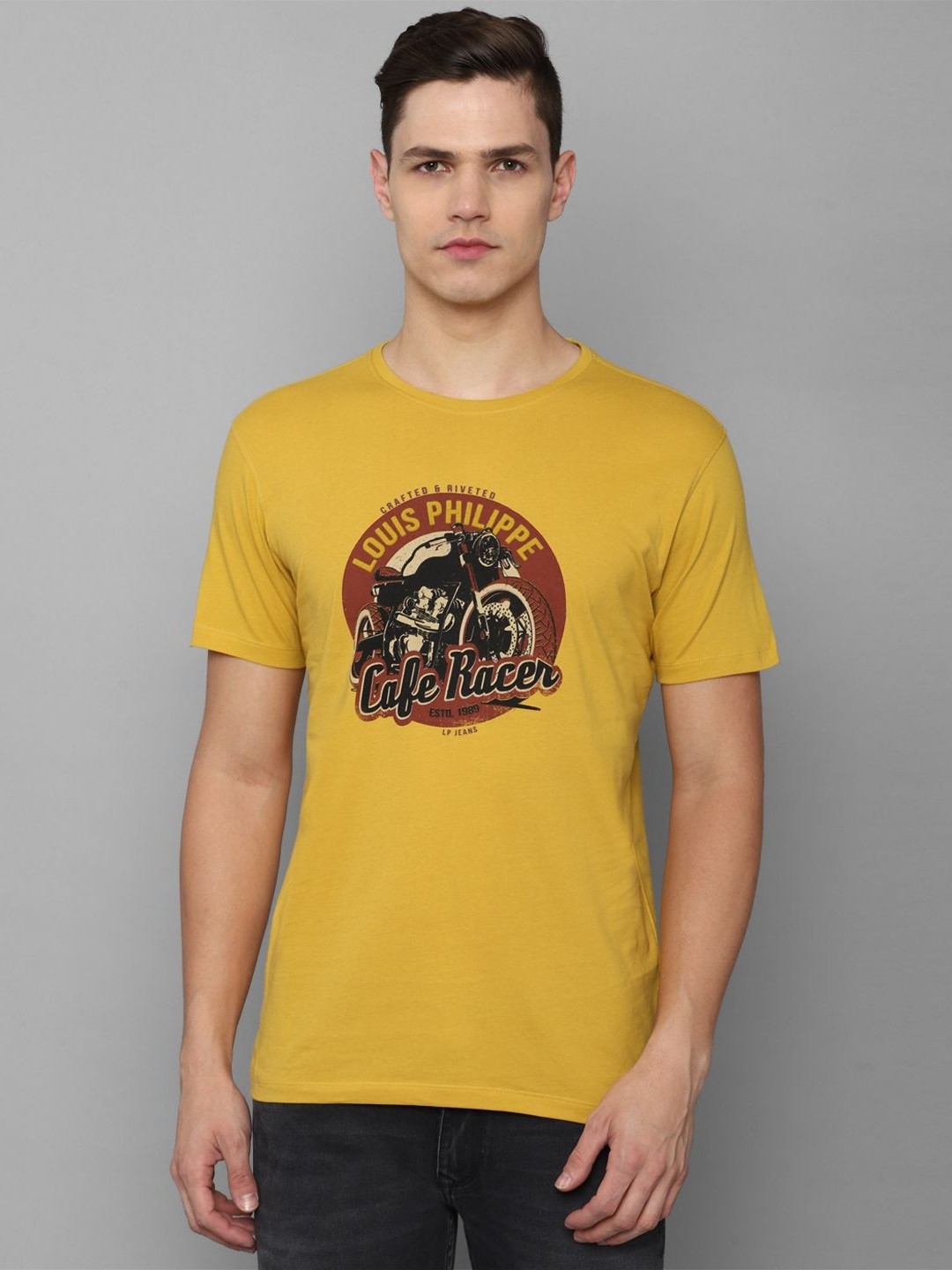 

Louis Philippe Jeans Men Typography Printed Round Neck Cotton Slim Fit T-Shirt, Yellow