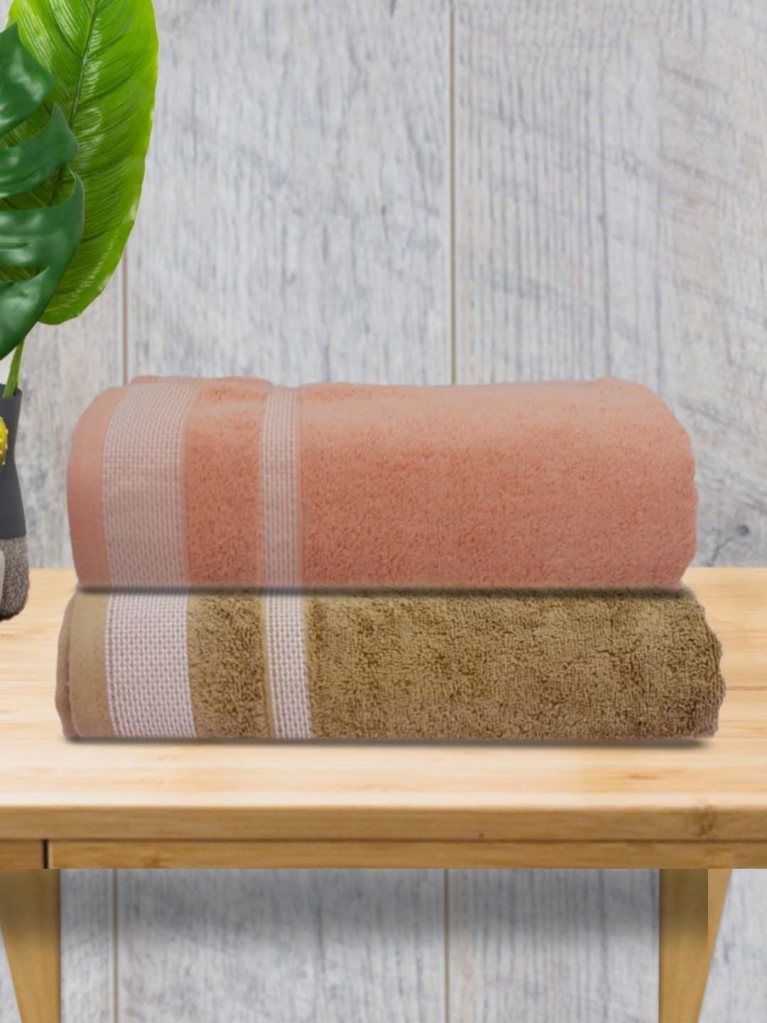 

Aura Peach-Coloured & Green 2 Pieces Striped Cotton 400 GSM Bath Towels