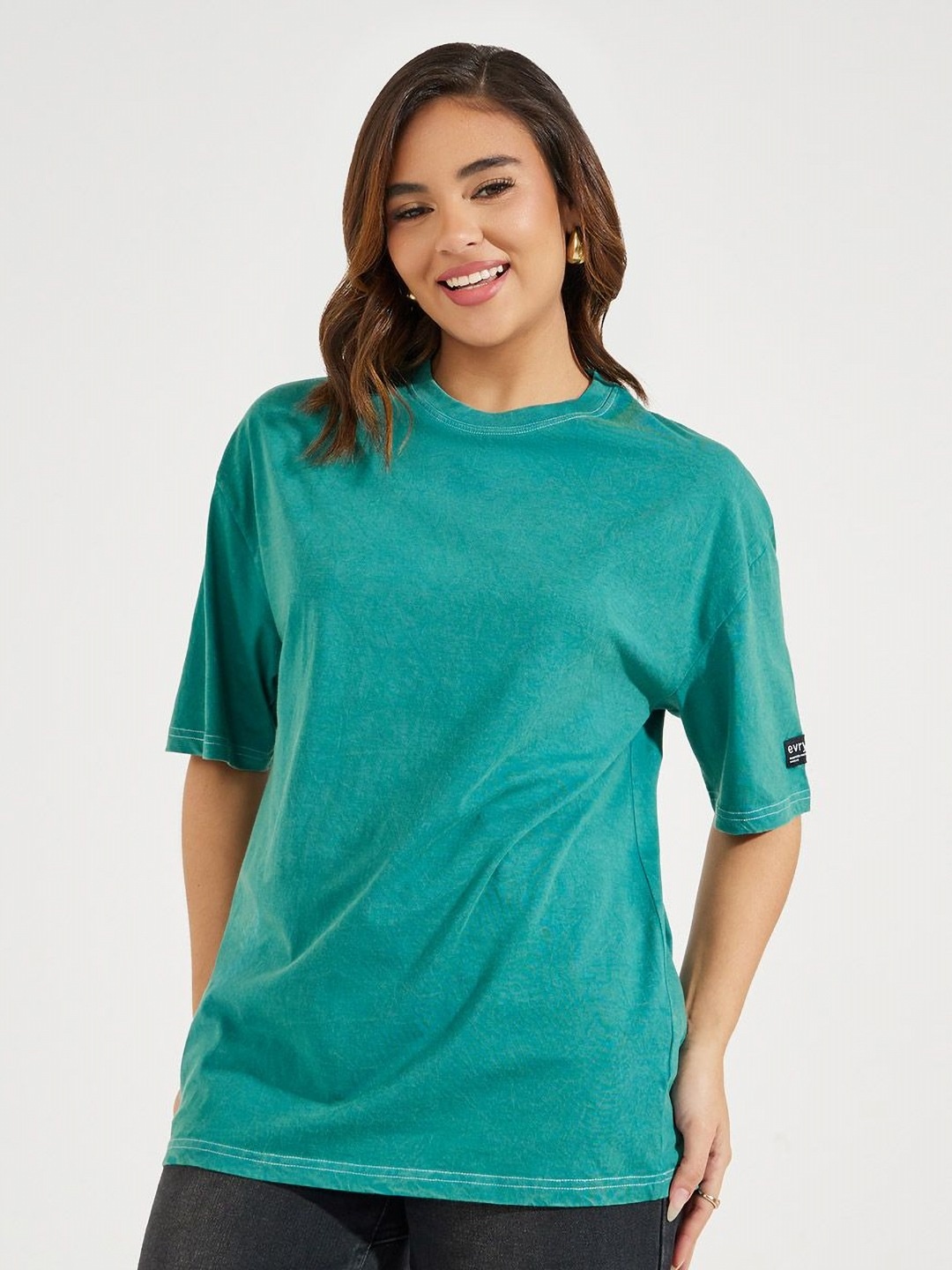 

Styli Women Solid Round Neck Cotton Oversized T-shirt, Teal