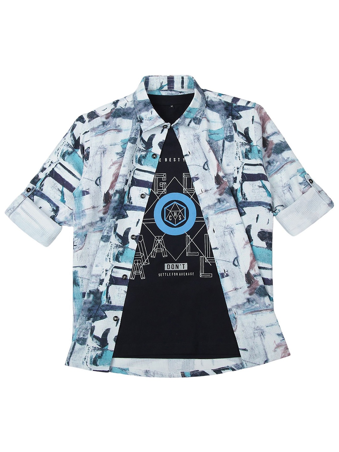 

CAVIO Boys Spread Collar Abstract Printed Cotton Casual Shirts & T-Shirt, Turquoise blue