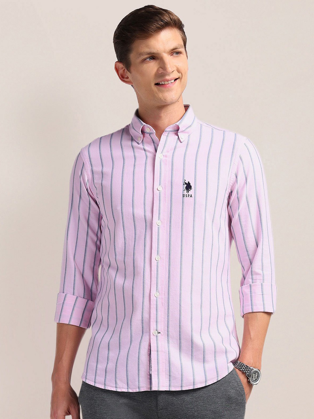 

U.S. Polo Assn. Men Classic Button-Down Collar Vertical Striped Cotton Casual Shirt, Pink