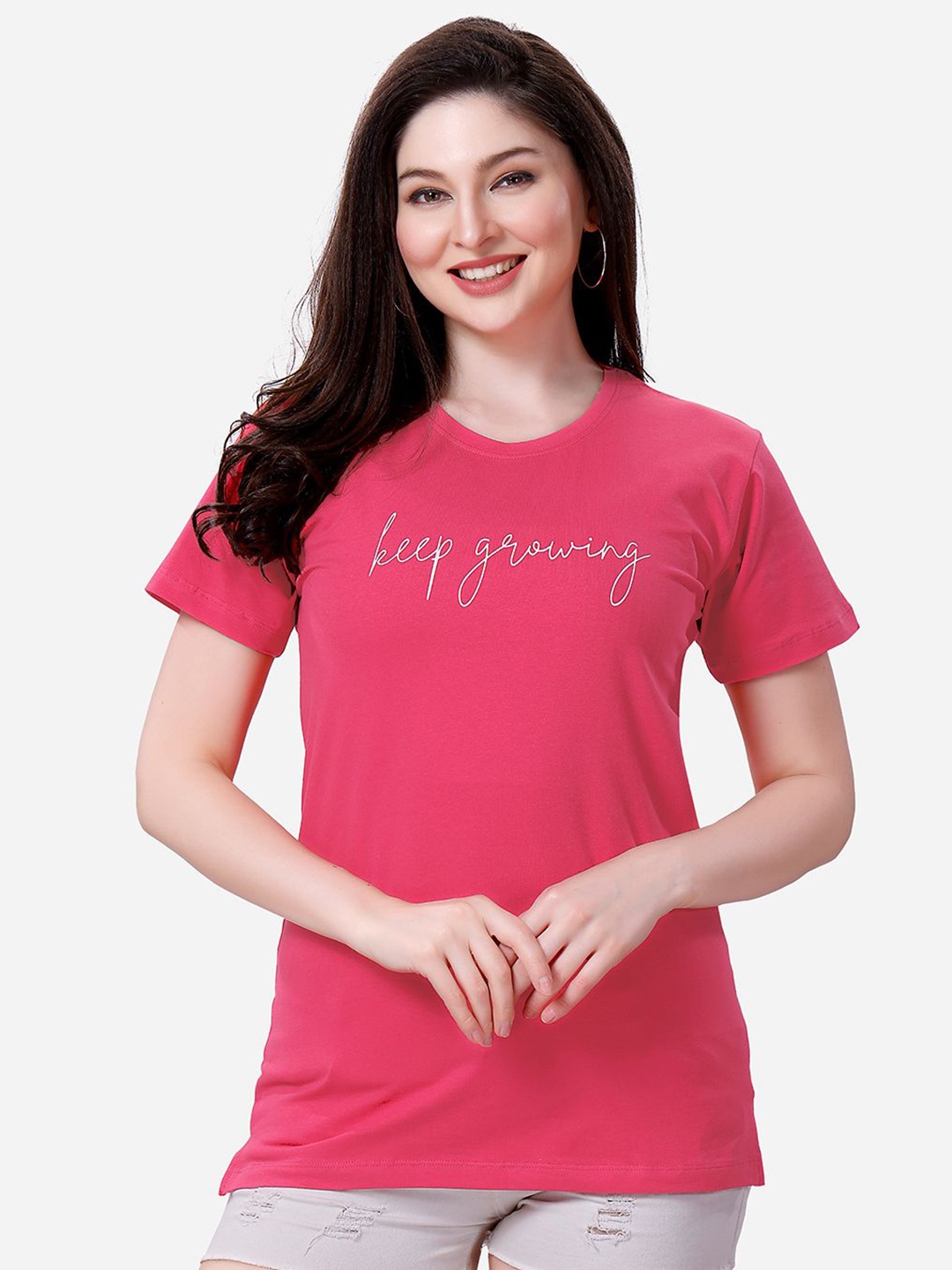 

Lenissa Women Typography Printed Round Neck Cotton Relaxed Fit T-Shirt, Pink