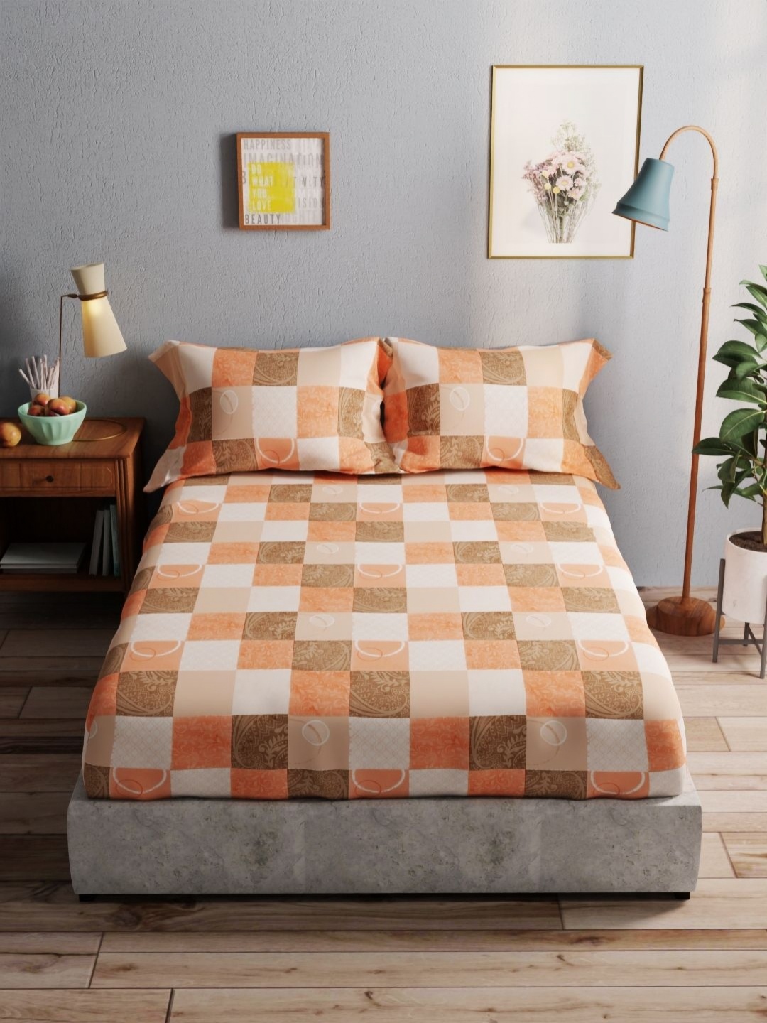 

BIANCA Amolina Orange & White Geometric 140 TC Cotton Queen Bedsheet with 2 Pillow Covers