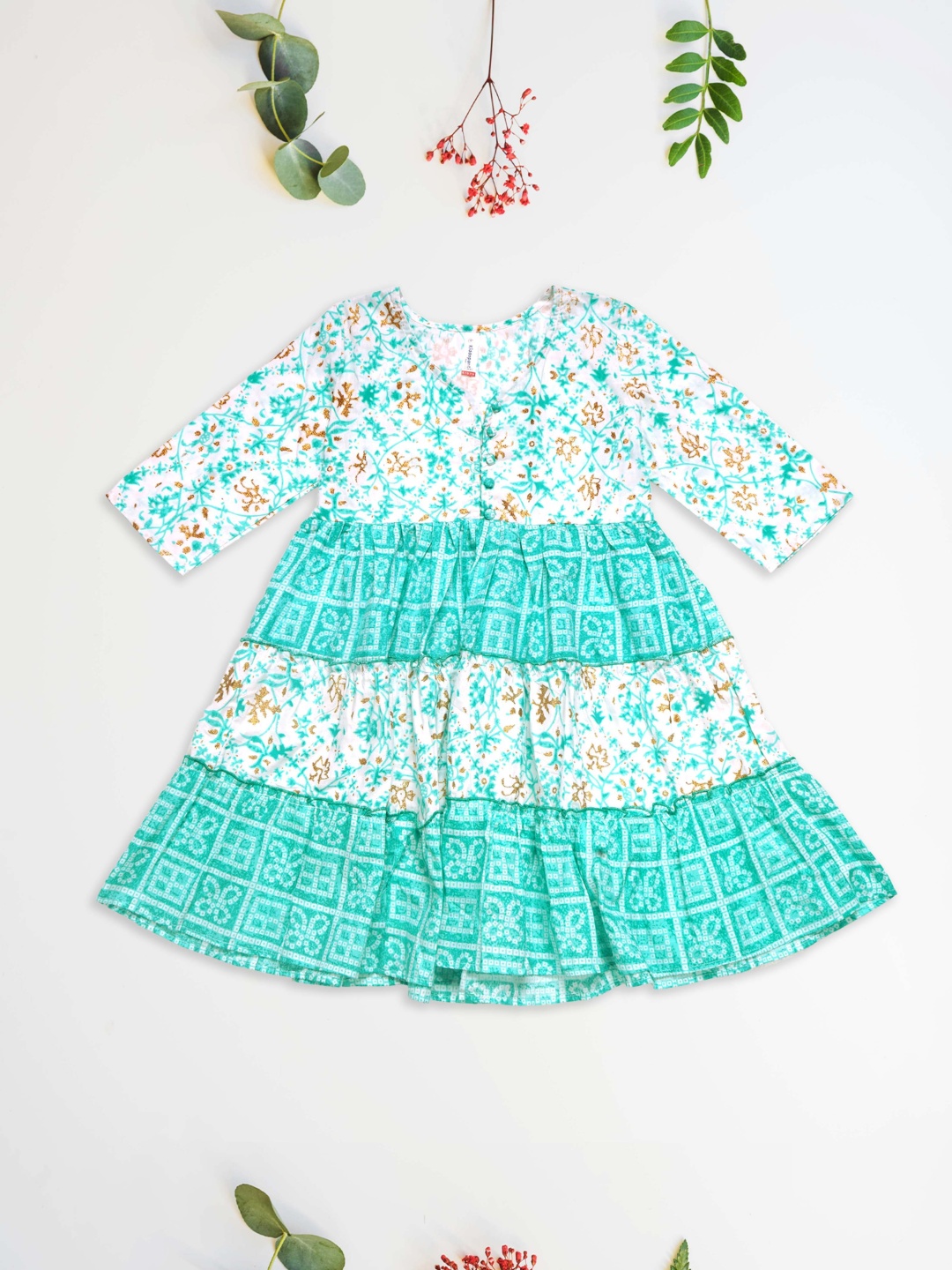 

KiddoPanti Girls Floral Fit & Flare Pure Cotton Dress, Green