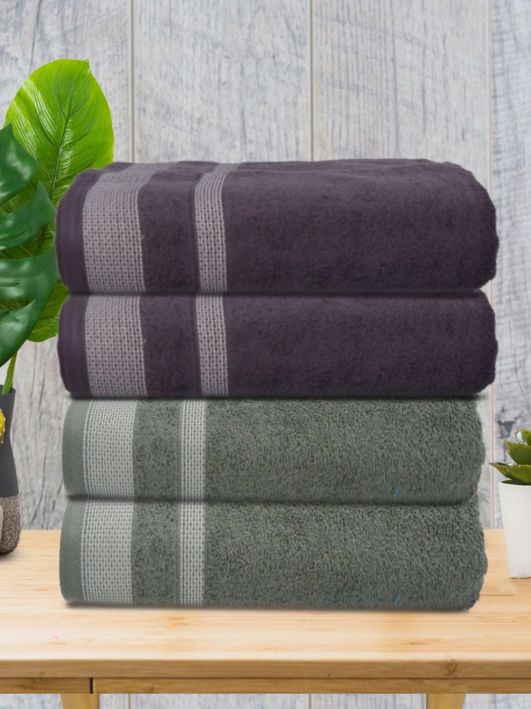 

Aura Purple & Green 4 Pieces Striped Cotton 400 GSM Bath Towels