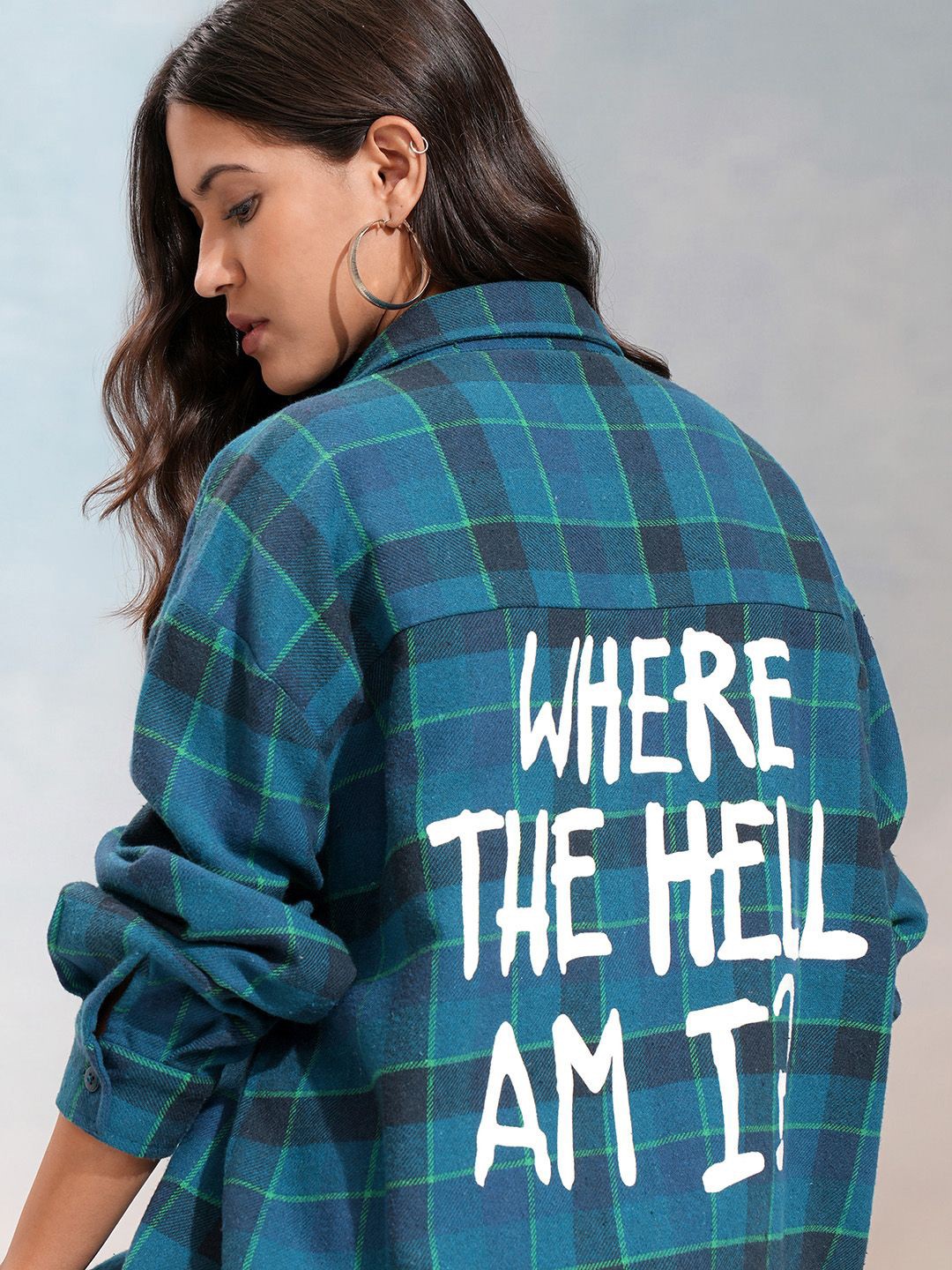 

Tokyo Talkies Women Checked Printed Oversized Shirt, Blue