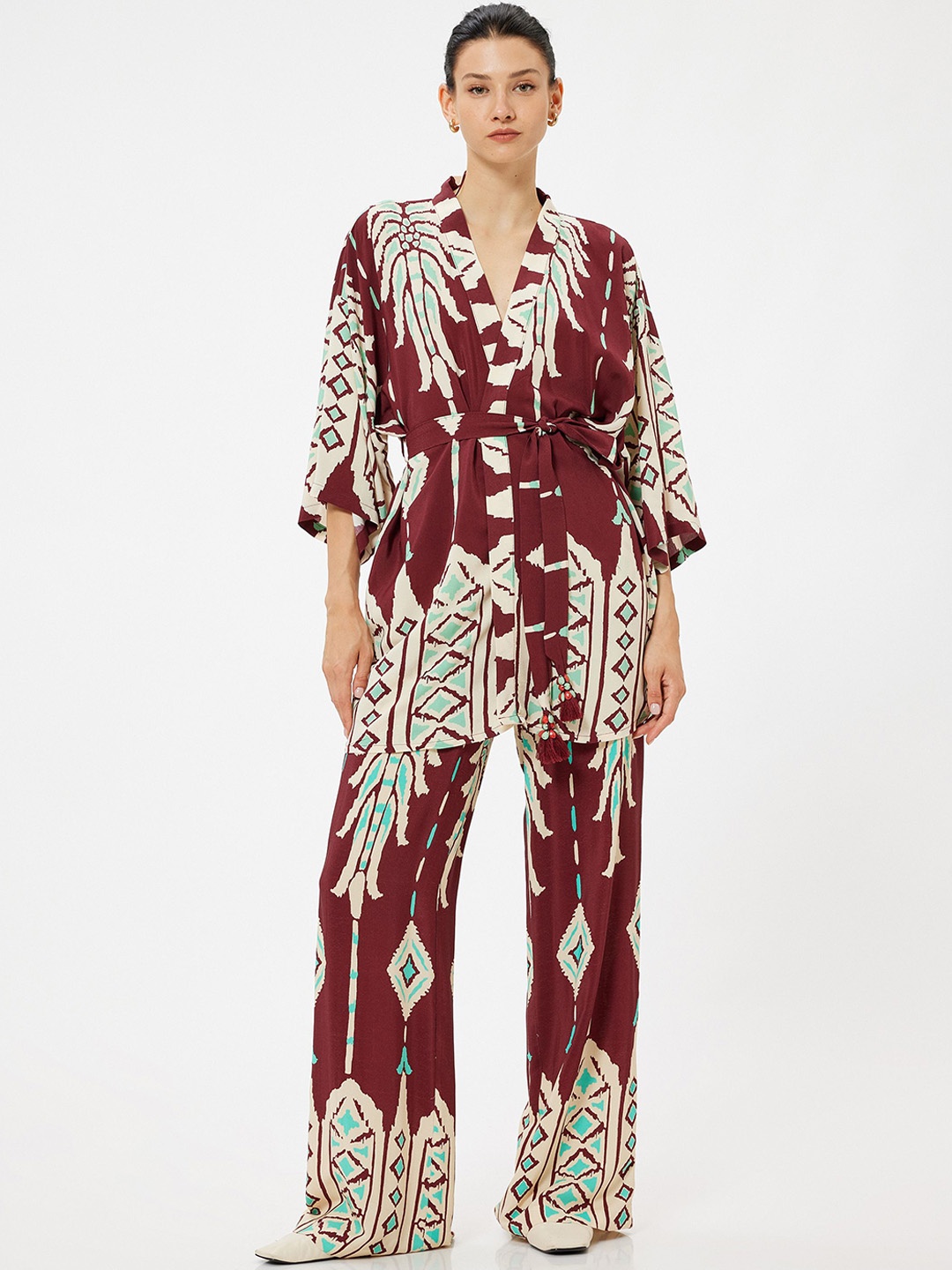 

Koton Printed Long Sleeves Robe With Waist Belt, Brown