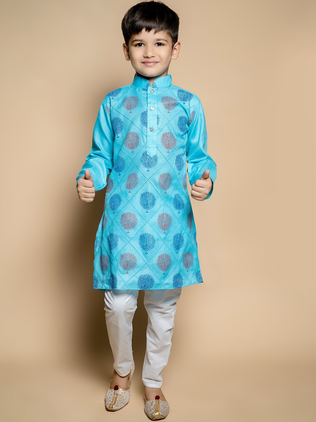 

NFC CREATION Boys Floral Printed Mandarin Collar Regular Straight Kurta with Pyjamas, Turquoise blue