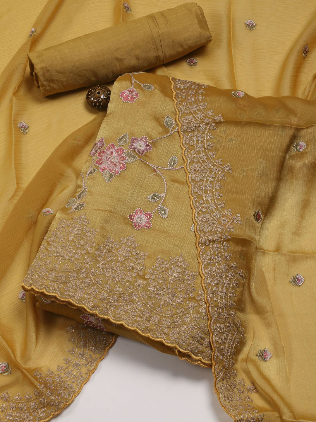 

Meena Bazaar Embroidered Art Silk Unstitched Dress Material, Mustard