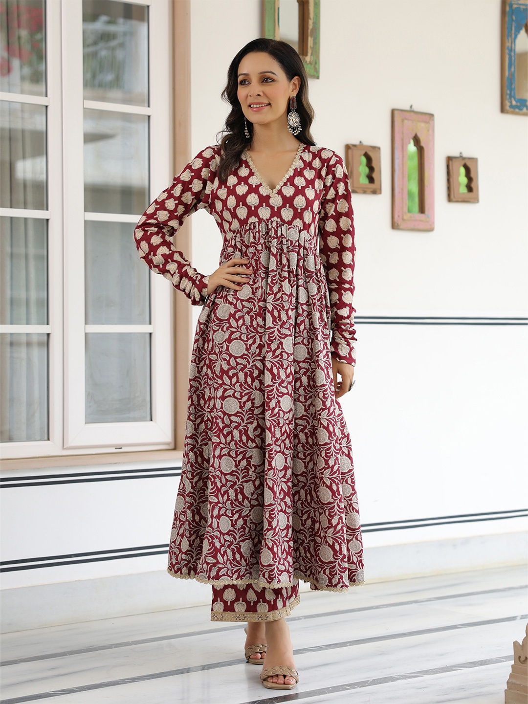 

FASHOR Women Floral Printed Pleated Sequinned Pure Cotton Kurta with Palazzos, Magenta
