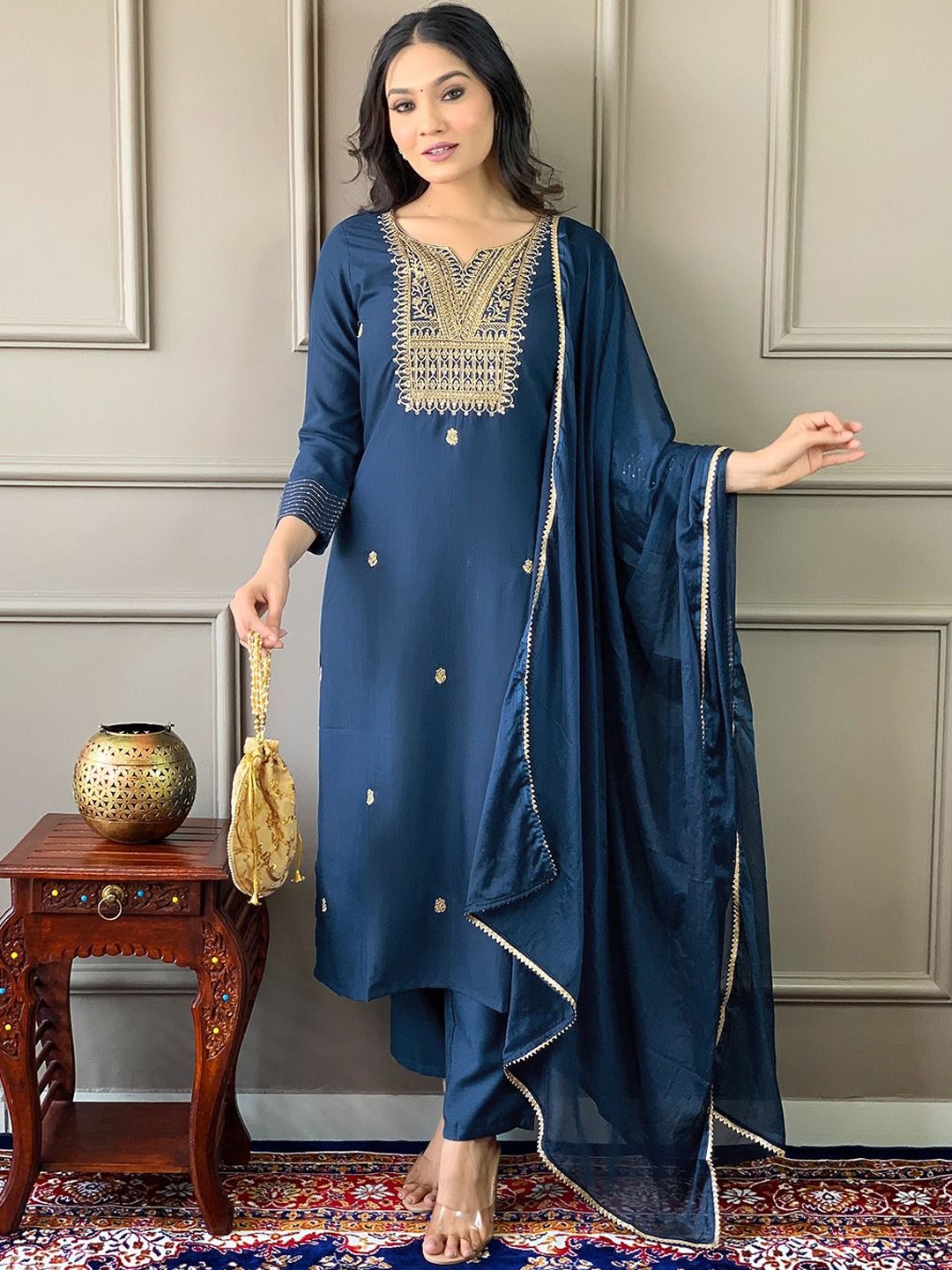 

KALINI Ethnic Motifs Embroidered Thread Work Chanderi Silk Kurta with Trousers & Dupatta, Teal