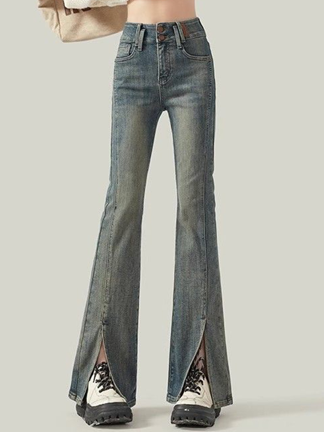 

StyleCast Women Flared High-Rise Cotton Light Fade Jeans, Grey