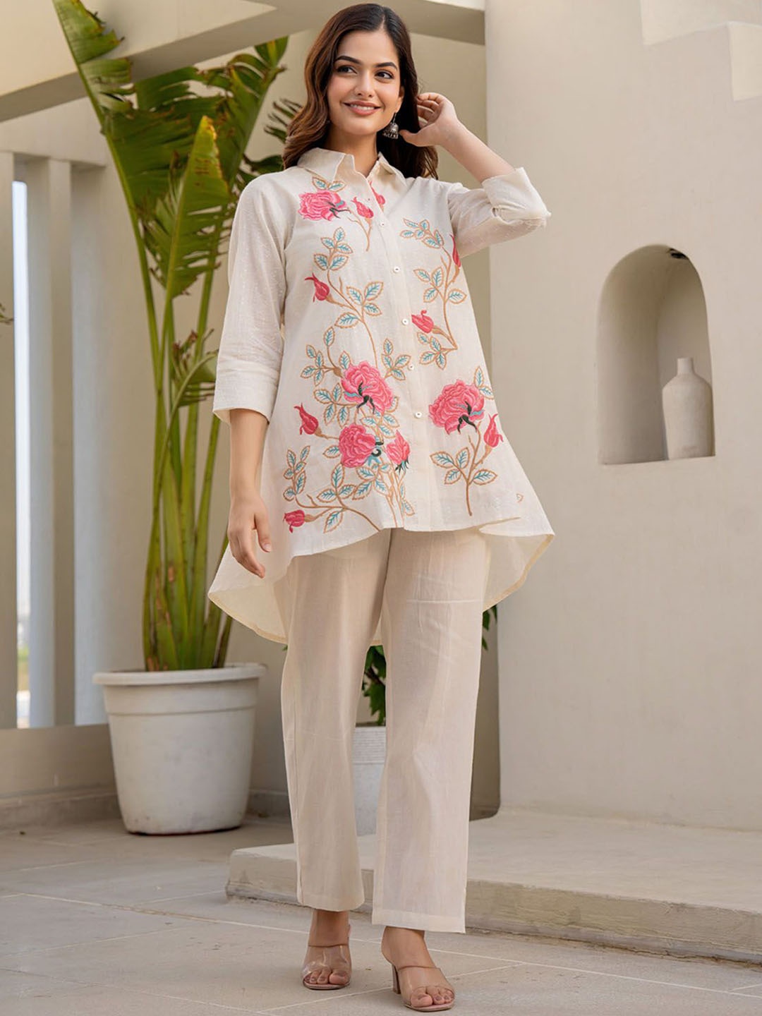 

FASHION DWAR Floral Printed Pure Cotton Tunic With Trouser, Off white